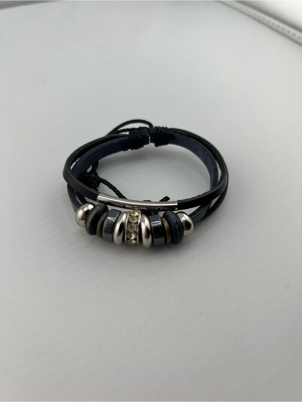 Black Leather Multi Strand Bracelet Silver Bead Rhinestone Accent Unisex